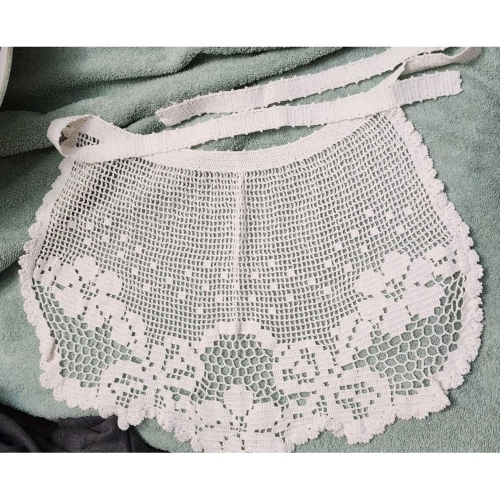 Vtg MCM Handmade Crocheted Cotton Hostess Half Apron lacy White Floral Cottageco